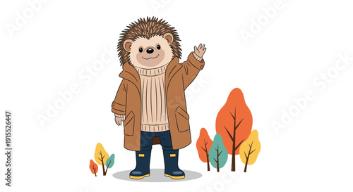 Friendly hedgehog character wearing a warm brown coat and boots waving hello while standing near colorful autumn trees.