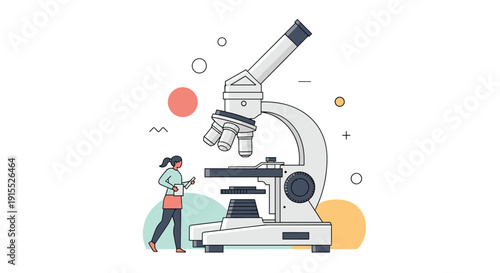 Female scientist using a massive laboratory microscope for research surrounded by abstract geometric shapes and bubbles.
