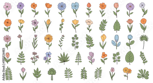 Large collection of simple hand-drawn floral and botanical icons featuring different flowers, leaves, and green plants.