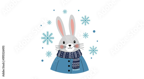 Adorable grey bunny rabbit stays warm in a blue coat and patterned scarf surrounded by delicate light blue snowflakes on white background.
