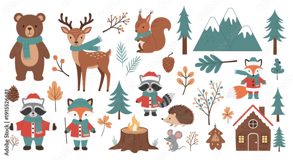 Obraz premium Comprehensive set of woodland animals and winter elements like foxes, raccoons, and bears dressed in festive holiday clothing.