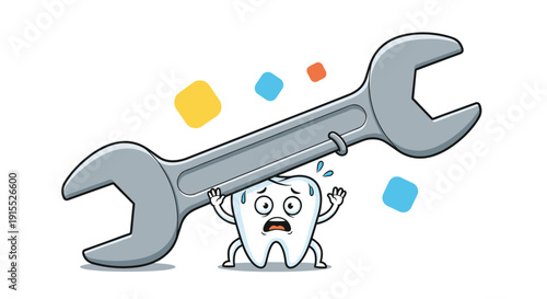 Worried cartoon tooth character struggles to hold up a massive silver metal wrench while sweating under the heavy weight of the tool.