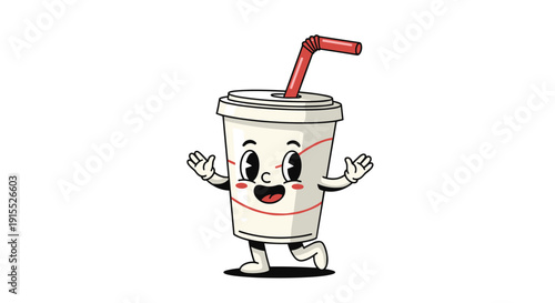 Happy cartoon paper soda cup character with a red striped straw and gloved hands waves joyfully while standing on a plain white background.