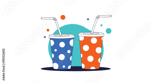 Two paper soda cups with straws feature playful polka dot patterns in vibrant blue and orange colors over a simple circular background.