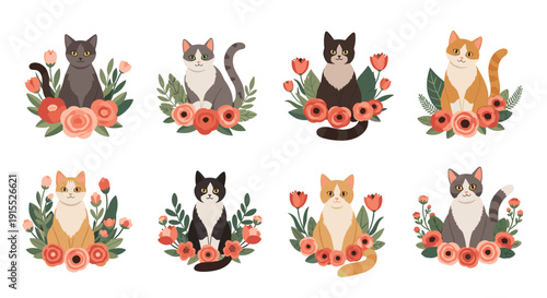 Series of adorable cat portraits showing different breeds sitting comfortably inside decorative wreaths of pink and red roses.