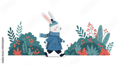 Cute winter bunny character wearing a blue coat and hat walking through a garden of evergreen bushes with bright red berries.
