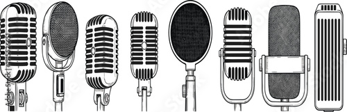 Collection of Retro Vintage Microphone Vector Illustrations Featuring Classic Studio Condenser, Ribbon, and Dynamic Mic Styles for Podcast, Radio, and Music Recording Designs