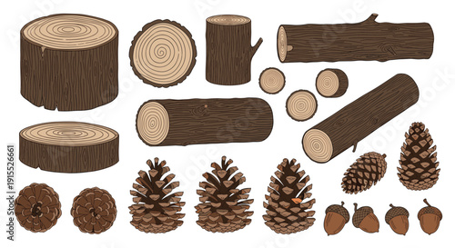 Assorted wood logs, circular cross-sections, pine cones, and acorns in a detailed rustic style for nature and forestry themes.