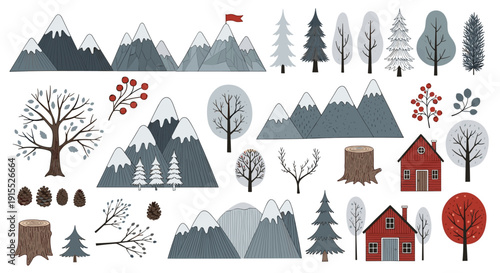 Diverse collection of winter landscape icons including snowy mountain peaks, pine trees, red cabins, and seasonal foliage.
