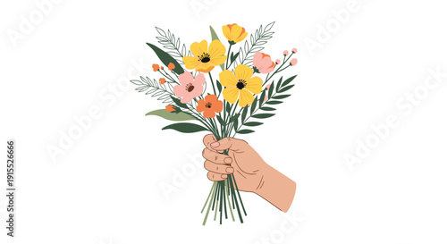 Human hand holding a vibrant bouquet of multicolored wildflowers and green leaves against a simple white background.