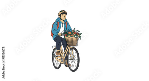 Person wearing a helmet riding a bicycle with a wicker basket full of colorful flowers through a clean white environment.