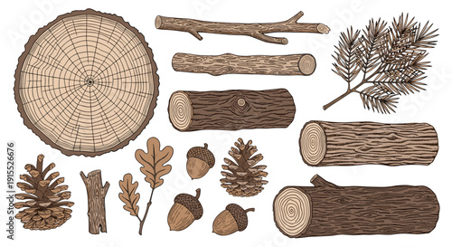 Large group of rustic forest elements including thick wood logs, tree rings, pine needles, acorns, and dry oak leaves.