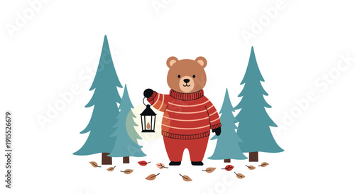 Charming bear in a red striped sweater holding a glowing lantern while standing in a pine forest at night with falling leaves.