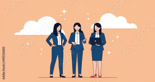 Confident Businesswomen Team Standing Together in Formal Suits Representing Female Leadership, Corporate Success, Professional Collaboration, and Women Empowerment Concept