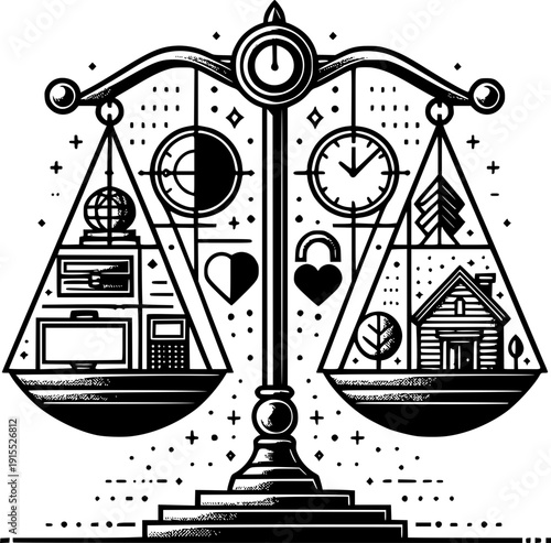 Work-Life Balance Concept: A meticulously crafted illustration depicting a balanced scale, symbolizing the equilibrium between career aspirations, personal well-being, and cherished moments.