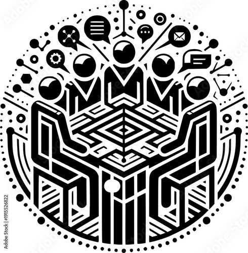 Connected Minds: An artistic representation of a team deeply engaged in a dynamic meeting, symbols of communication intertwining