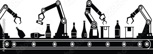 Industrial robotic arms handling bottles on a production line