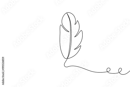 A minimalist continuous line drawing of a bird feather, perfect for elegant logo designs, modern wall art, and stationary decoration on a clean white background.