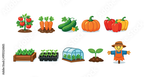 Gardening flat icon set. Vegetables, greenhouse, scarecrow in flat-style collection