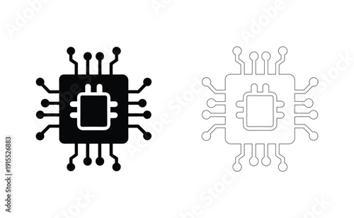 Two distinct computer chip icons with intricate line patterns and different shading styles. Vector