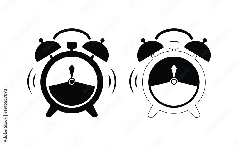 Fototapeta premium Two black and white alarm clocks with bells ringing, one classic and one modern. Vector