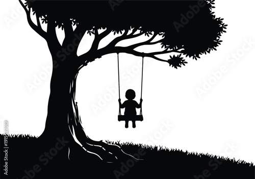 Silhouette of a child on a swing hanging from a large tree branch over grassy ground, black and white vector graphic