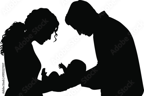 Black silhouette of a young mother and father gently holding their newborn baby together for family bonding parenthood birth and new beginning lifestyle concepts.