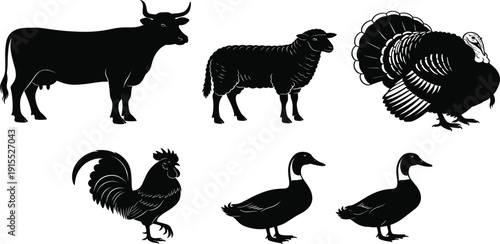 Farm Animal Silhouette Set with Cow, Sheep, Turkey, Rooster, and Duck for Agriculture Design, Livestock Illustration, and Rural Farming Vector Collection