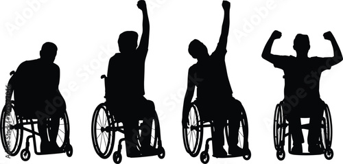 Black silhouette collection of men in wheelchairs raising arms for victory celebration and success for disability rights accessibility and physical rehabilitation lifestyle concepts.