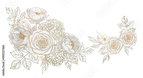 Floral arrangement with roses and peonies, depicted in a delicate line art style, featuring elegant flowers and leaves.