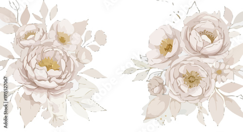 Floral arrangement with peonies and leaves in a serene botanical illustration from a straightforward viewpoint
