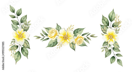 Three watercolor floral arrangements with yellow flowers and green leaves, depicted from a straightforward viewpoint, showcasing decorative elements.