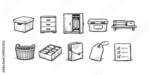 Storage, organization outline icon set. Office, home essentials outline icons collection