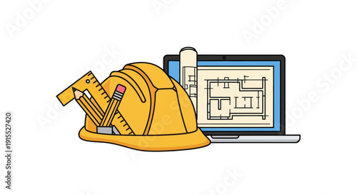 Yellow hard hat with blueprints and drafting tools on laptop screen.