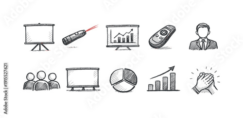 Business presentation chalk icon set. Data charts, meetings, and strategy line icons.