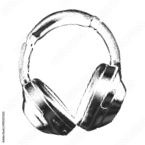 Headphones halftone collage element. Cutout from newspaper halftone headphones graphic illustration for Audio and Music, mixed media design. Vector 