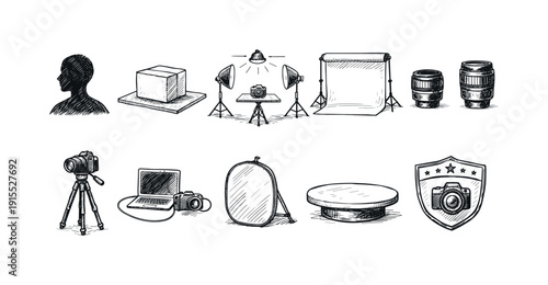 Photography equipment sketch icon set. Hand-drawn outline camera, lens, tripod icons
