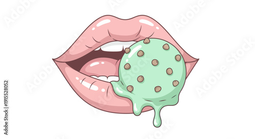 Cartoon illustration of glossy pink lips eating a melting mint chocolate chip ice cream scoop.