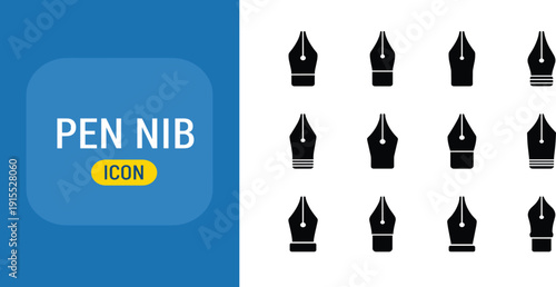 Pen Nib Icon Set Collection with Fountain Pen Tips for Writing, Calligraphy, Signature Design, Graphic Elements, and Creative Education Vector Illustration