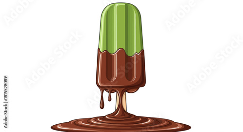 Green and Brown Chocolate-Dipped Popsicle Melting Deliciously.