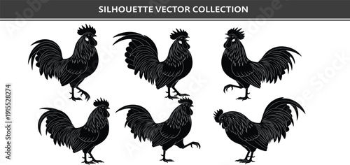 Rooster Silhouette Vector Collection with Detailed Farm Chicken Poses for Poultry Design, Agriculture Branding, Rural Graphics, and Vintage Animal Illustration Projects