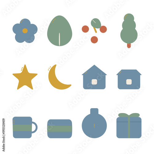 北欧風のシンプルアイコン12個セット 花 葉 ベリー ツリー 星 月 家 マグ クッション 花瓶 ギフト