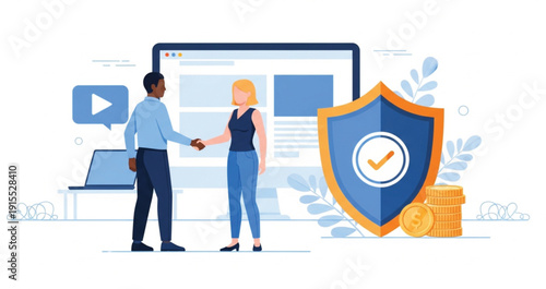 Secure Online Business Agreement and Digital Payment Protection Concept with Handshake, Shield Security Icon, and Financial Transaction Safety Illustration