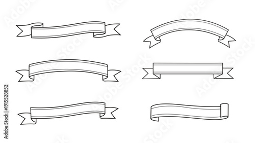 Collection of Blank White Ribbon Banner Set Outline Vector for Wedding Invitation Signage and Decorative Label Design