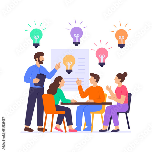 Brainstorming Sessions, generating creative ideas through collaboration, Flat vector character illustration
