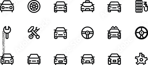 Car service and automotive icon set, line vector collection featuring vehicles, repair tools, fuel, maintenance transportation symbols design