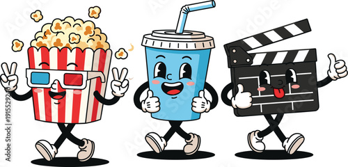 Set of cute retro movie character illustrations including popcorn with 3D glasses soda cup and film clapperboard in cartoon style