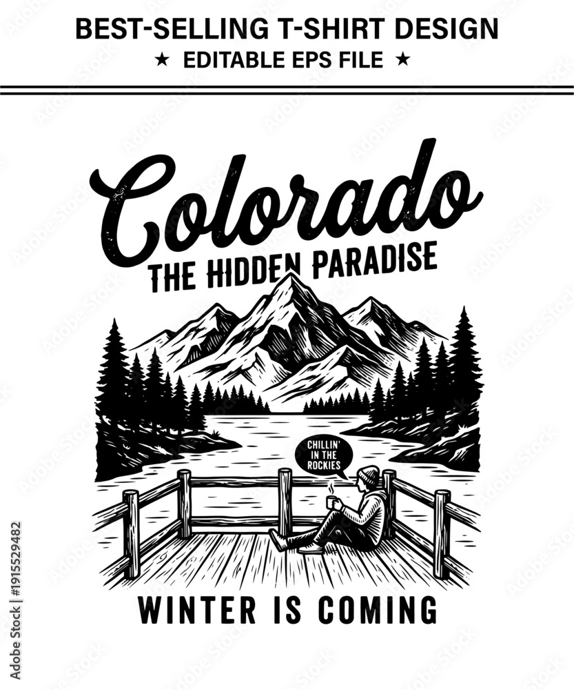 Fototapeta premium Colorado winter landscape with mountains and man relaxing on a pier with a cup of coffee illustration for tshirt design isolated on transparent background