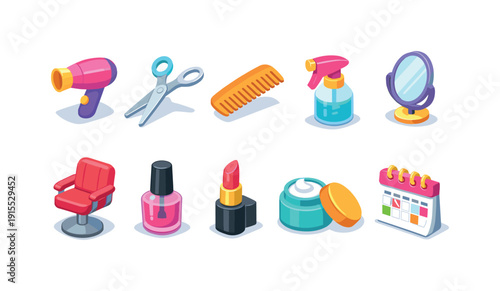 Beauty and fashion 3d icon set. Salon essentials, makeup, hair care 3d collection