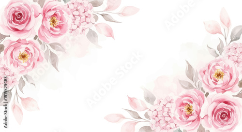 Delicate Watercolor Pink Roses and Green Leaves Floral Arrangement.